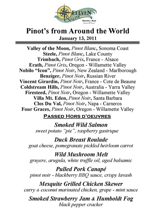 Eleven South Restaurant - Pinot's From Around the World